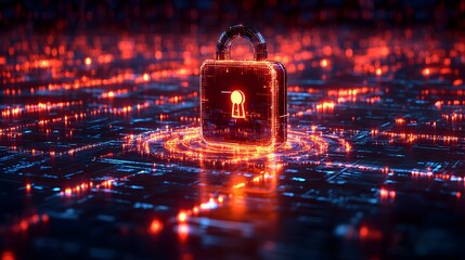 Holographic digital padlock glows intensely over an abstract circuit board surface with illuminated data streams