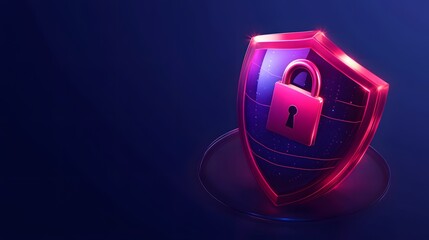 Glowing digital shield icon with a secure padlock rests against a deep blue background