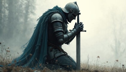 Knight in armor kneels with sword planted in ground, head bowed in prayer. A tattered blue cloak drapes around him, resting in a field of dry grass.