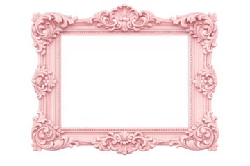 Pink ornate frame featuring intricate rococo scrollwork. Empty antique style border for design use, on a transparent background