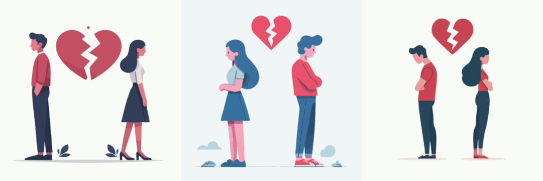 Minimalist Flat Style Couple Separated with Broken Heart Illustration Design