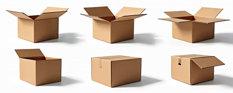 Six brown cardboard boxes in different positions isolated on white backdrop. Some boxes are open others are closed or partially closed. Packaging mockups for delivery goods and logistics.
