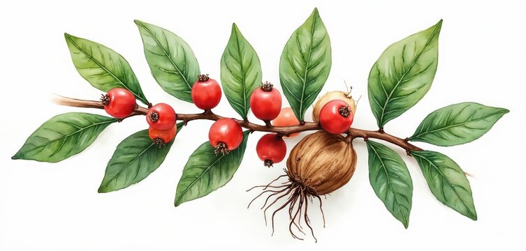 Botanical watercolor illustration of Ashwagandha plant. Sprig green leaves red berries, roots. Herbal ingredient good for health medicine ayurveda, alternative treatment concept. Organic superfood