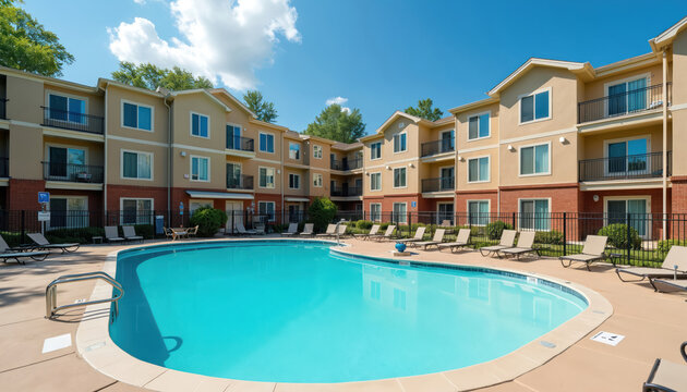 Exterior shot of a residential complex with a swimming pool on a sunny day. Building features apartments with balconies. Clear blue sky pool surrounded by lounge chairs.