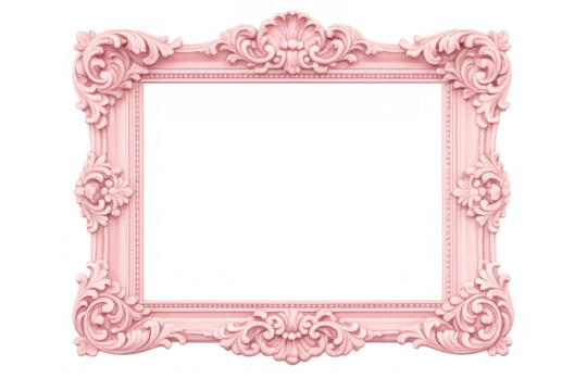Pink ornate frame featuring intricate rococo scrollwork. Empty antique style border for design use, on a transparent background - Powered by Adobe