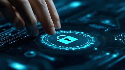 Human finger presses glowing digital padlock icon on futuristic interface