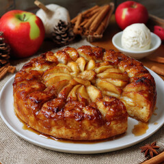 Homemade apple pie with caramelized slices served on plate with cinnamon and cream