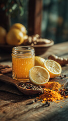 Golden honey in jar with turmeric powder, lemon and peppercorns on rustic table