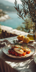 Mediterranean seafood dish served outdoors by the sea, rustic table setting