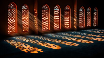 Sunlight streams through ornate arched windows casting patterned shadows across a dark interior floor