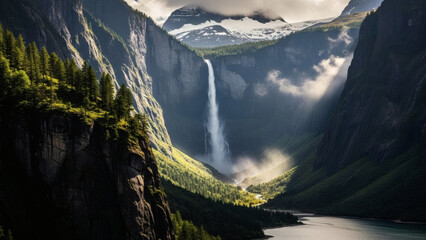 Majestic snow-capped mountain peak illuminated by the golden rays of the setting sun, with a lenticular cloud formation hovering above.
