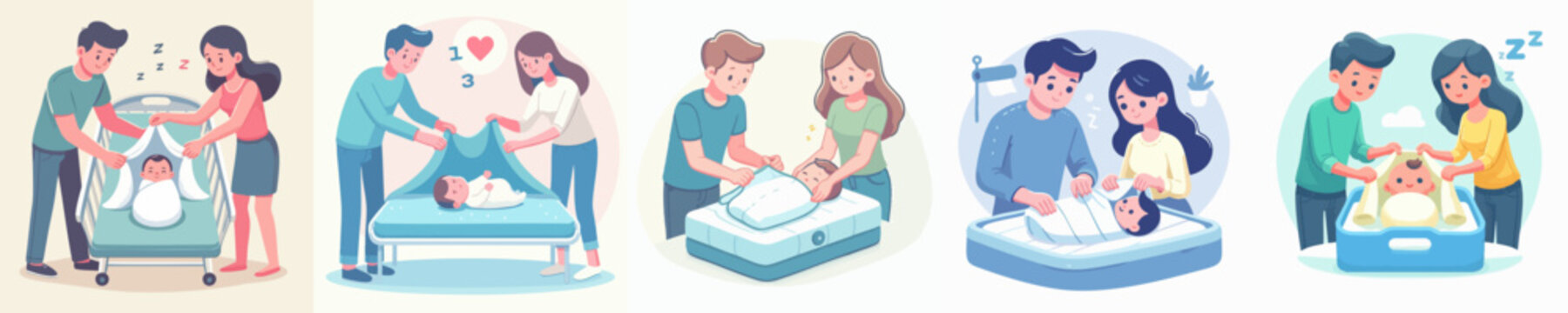 Charming Family Illustration with Parents Taking Care of Newborn Baby Collection