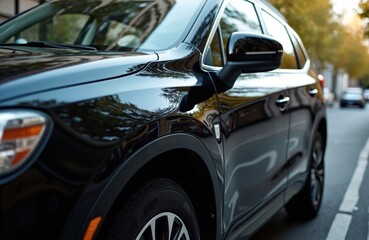 Fototapeta premium Black SUV parked on city street. Reflections on a vehicle surface. Modern car on asphalt. Focus on car detail. Urban transportation theme concept.