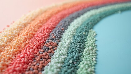 Plastic granules in curve lines, macro view. Pellets in colors on blue surface. Abstract background with small pieces. Plastic industry production. Polymer raw material. Recycling, reusing concept.