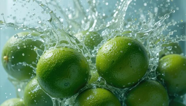 Vibrant green limes get a refreshing splash of crystal-clear water, highlighting their juicy and zesty potential for drinks and recipes