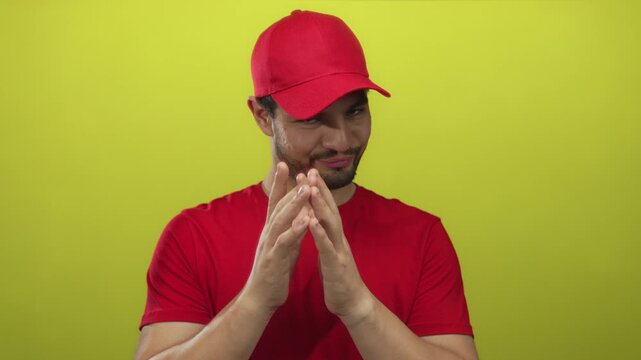 Hispanic courier man wearing red cap and shirt presses hands together in steeple gesture in yellow studio; cunning strategy plan.