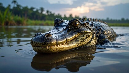 Obraz premium A close-up view of a large reptile in water, head and body visible, with sunlight reflecting, and greenery in background