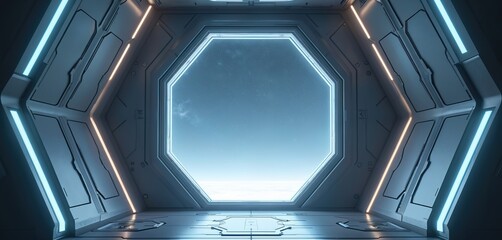 Futuristic interior with window to sky. Inside spacecraft or space station with neon lights. Modern tech design with open window to outer space. Scifi concept for film or game.