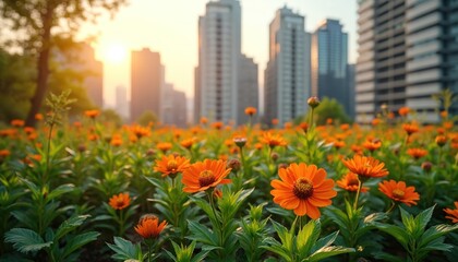 Fototapeta premium Orange flowers bloom in an urban garden. Buildings stand at the backdrop. The eco-friendly urban garden enhances city landscape, offers fresh air and beautifies the city. Eco-friendly concept.