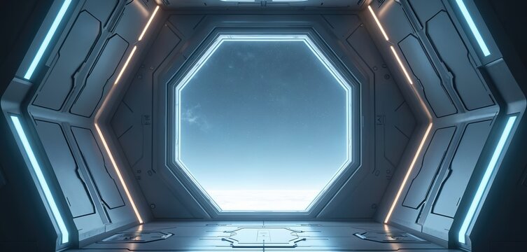 Futuristic interior with window to sky. Inside spacecraft or space station with neon lights. Modern tech design with open window to outer space. Scifi concept for film or game.