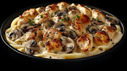 Creamy pasta dish generously topped with seared poultry pieces and sliced fungi in a dark bowl