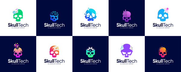 A collection of human skull logos with modern technology concepts, symbols of digital security, education, vector graphic design.