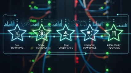 Abstract digital interface reviewing five star rating representing financial compliance tax reporting digital currency and legal governance