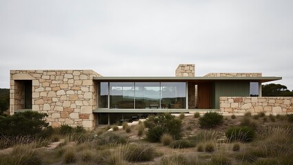 Contemporary Stone House Design with Glass Facade and Natural Surroundings