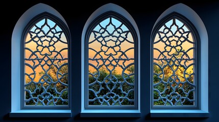 Three gothic arched windows reveal a vibrant sunset illuminating foliage outside