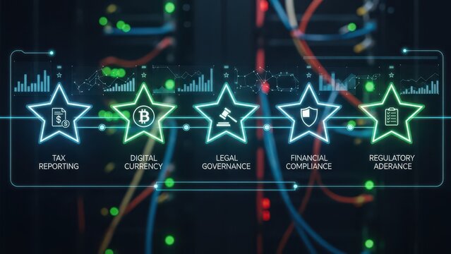 Abstract digital interface reviewing five star rating representing financial compliance tax reporting digital currency and legal governance - Powered by Adobe