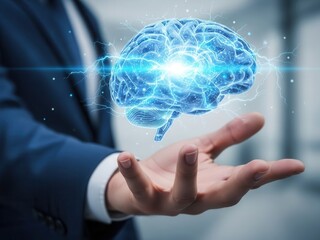 Closeup Businessman Hand holding virtual brain with lightning bolt, representing brainstorming, rapid ideation, cognitive speed, and creative thinking.