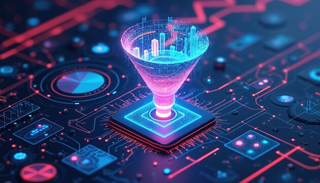 Data funnel on tech circuit board. Digital marketing concept using automation. Data processing via futuristic funnel. Visualization of data. Artificial intelligence, machine learning, data