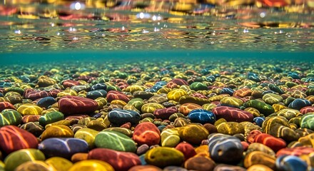Vibrant colorful pebbles resting on the riverbed under crystal clear water, reflecting light from the surface, creating a stunning natural underwater mosaic