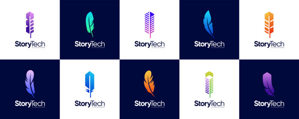 A collection of pen-illustrated logos with technological concepts, geometric shapes, curved angles, stories, and vector graphic inspiration.