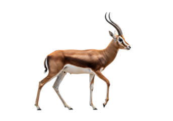 A majestic dama gazelle in full-length profile, captured mid-stride on a transparent studio background, showcasing detailed reddish-brown fur and elegant lyre horns, concept of natural elegance