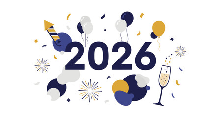New Year 2026 Celebration with Champagne and Balloons.