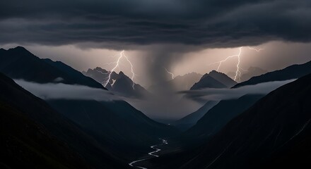 Electrifying storm rages over majestic mountain peaks, with lightning illuminating a deep valley and winding river below