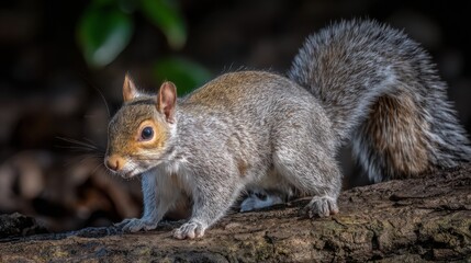 Fototapeta premium A detailed close-up of a wild squirrel foraging for food on a textured tree branch amidst natural forest surroundings