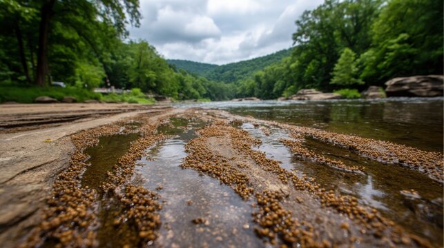 A detailed view of a riverbed showing layers of deposited silt and pebbles with lush green forest in the background