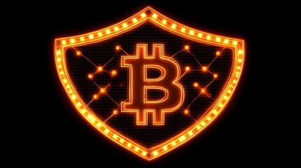 Glowing digital currency symbol prominently displayed within a protective shield structure against a dark background
