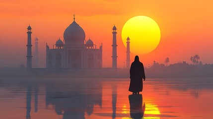 Solitary figure approaches monumental white mausoleum reflected on still water during vibrant sunset
