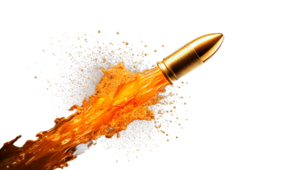 Golden Bullet, Firing Orange Liquid Splash with Glitter Particles, isolated on a transparent 