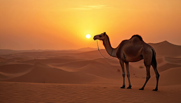 Camel stands on sand dune at sunset in desert. Horizon glows orange. Wildlife animal with harness. Desert safari background. Concept of tourism travel, adventure, nature, sun and middle east.