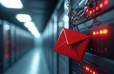 Red email on chain lock in server room. Phishing attack. Data theft. Digital system with sensitive information under attack. Cybercrime threat. Tech security alert in datacenter. Risk of online fraud.