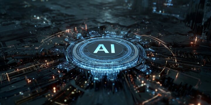 Futuristic AI core glowing with digital energy amidst a complex circuit board landscape, conceptualizing advanced machine learning and neural network processing in a dark, high-tech environm - Powered by Adobe