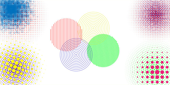 A collection of halftone circular backgrounds. Halftone shapes made from CMYK color dots. Colorful circular patterns on a white background. vector ilustration