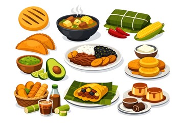 Illustration of Venezuelan Traditional Foods, Set of Generic Dishes on White Background