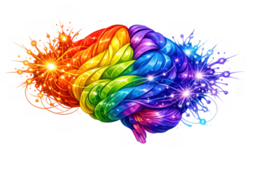 Human brain illustration displaying creative thinking process with glowing neural connections and vibrant rainbow colors