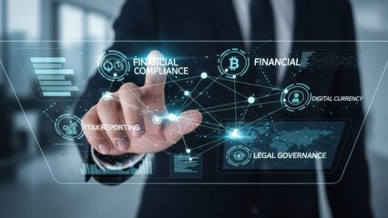 Closeup business professional hand touching virtual screen representing financial compliance tax reporting digital currency and legal governance