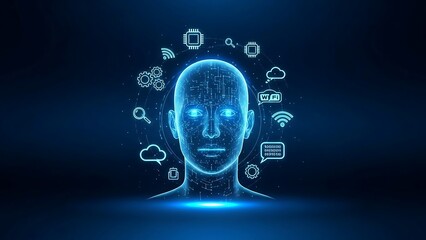 Digital human head with glowing icons.